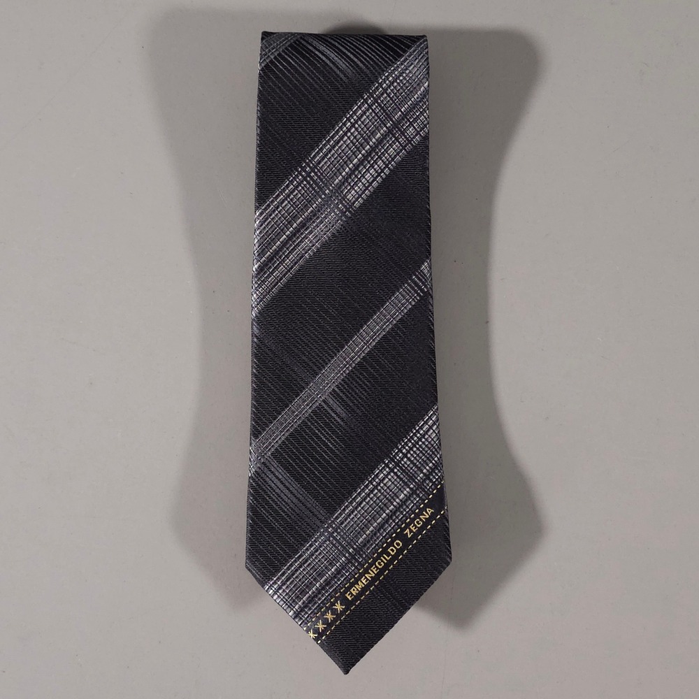Ermenegildo Zegna Tie Mens OS Grey Black Plaid Silk Made in Italy Luxury Tie